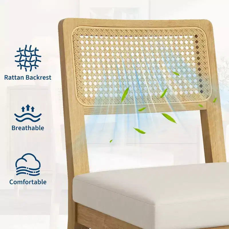 Lot de 2 chaises de salle à manger style campagne française, chaises sans accoudoirs avec cadre en bois et dossier en rotin, assise rembourrée confortable pour cuisine, restaurant ou maison
