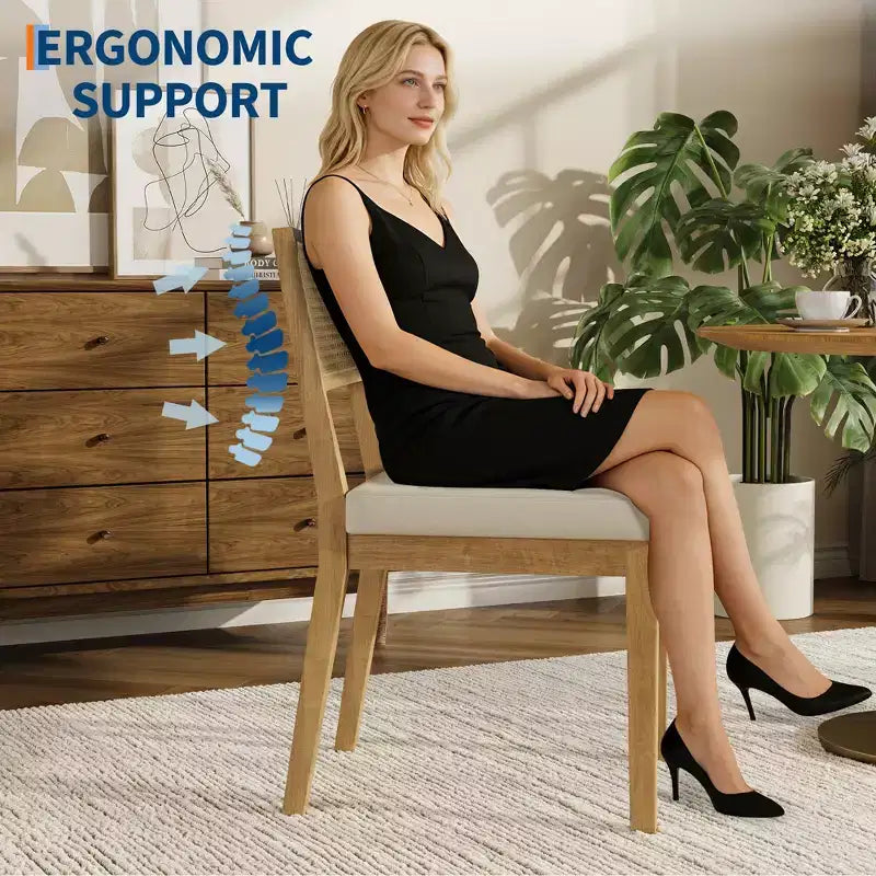 Lot de 2 chaises de salle à manger style campagne française, chaises sans accoudoirs avec cadre en bois et dossier en rotin, assise rembourrée confortable pour cuisine, restaurant ou maison