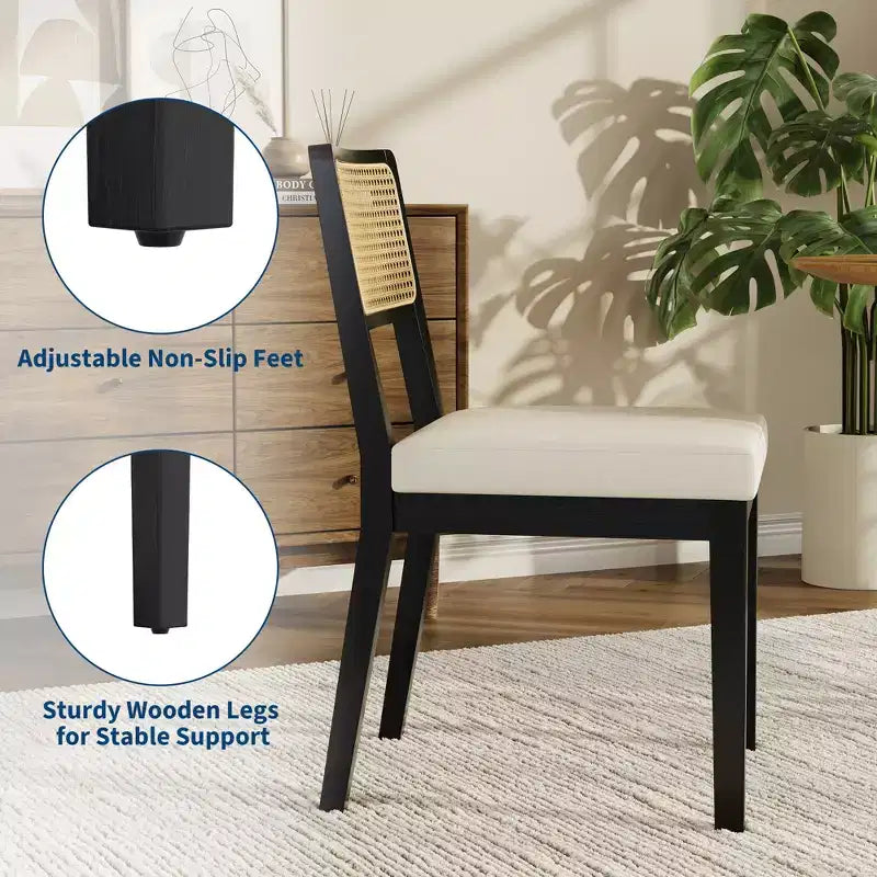 Lot de 2 chaises de salle à manger style campagne française, chaises sans accoudoirs avec cadre en bois et dossier en rotin, assise rembourrée confortable pour cuisine, restaurant ou maison
