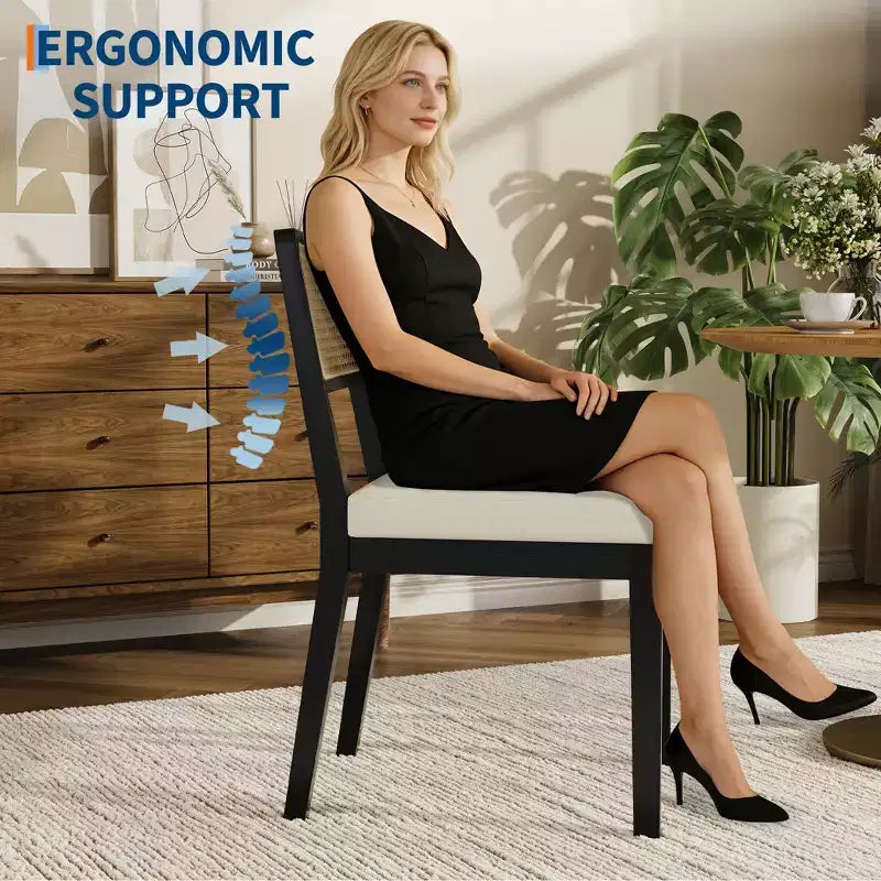 Lot de 2 chaises de salle à manger style campagne française, chaises sans accoudoirs avec cadre en bois et dossier en rotin, assise rembourrée confortable pour cuisine, restaurant ou maison