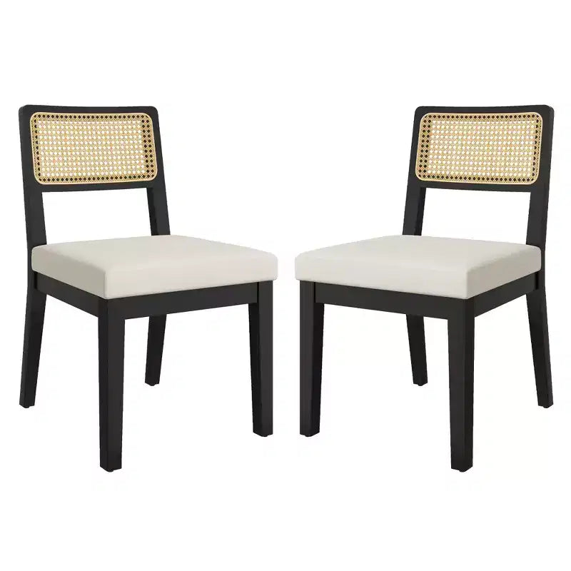 Lot de 2 chaises de salle à manger style campagne française, chaises sans accoudoirs avec cadre en bois et dossier en rotin, assise rembourrée confortable pour cuisine, restaurant ou maison