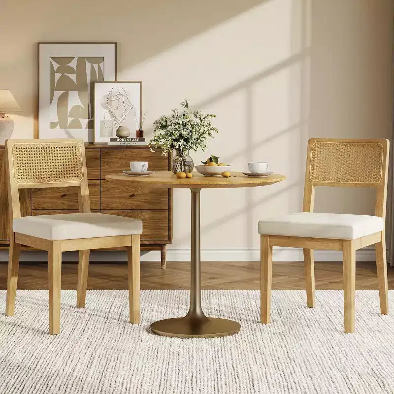 Lot de 2 chaises de salle à manger style campagne française, chaises sans accoudoirs avec cadre en bois et dossier en rotin, assise rembourrée confortable pour cuisine, restaurant ou maison