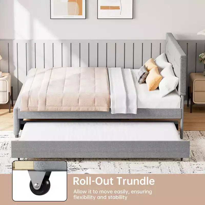Cadre de lit rembourré moderne avec lit gigogne caché - Lit plateforme et lit d'appoint pour une utilisation polyvalente de la pièce