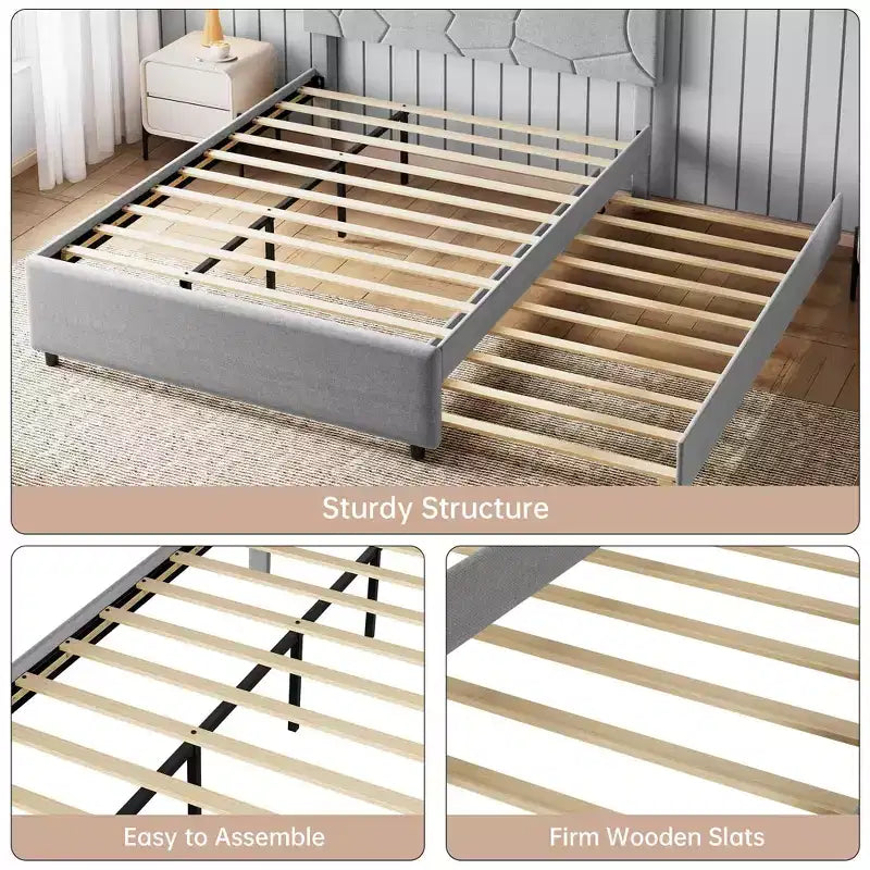 Cadre de lit rembourré moderne avec lit gigogne caché - Lit plateforme et lit d'appoint pour une utilisation polyvalente de la pièce