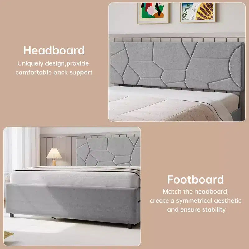 Cadre de lit rembourré moderne avec lit gigogne caché - Lit plateforme et lit d'appoint pour une utilisation polyvalente de la pièce