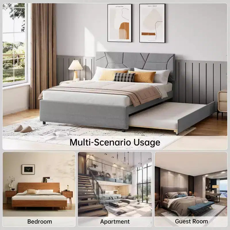 Cadre de lit rembourré moderne avec lit gigogne caché - Lit plateforme et lit d'appoint pour une utilisation polyvalente de la pièce