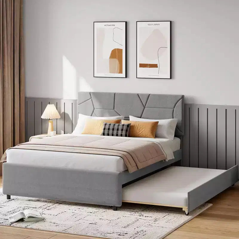 Cadre de lit rembourré moderne avec lit gigogne caché - Lit plateforme et lit d'appoint pour une utilisation polyvalente de la pièce