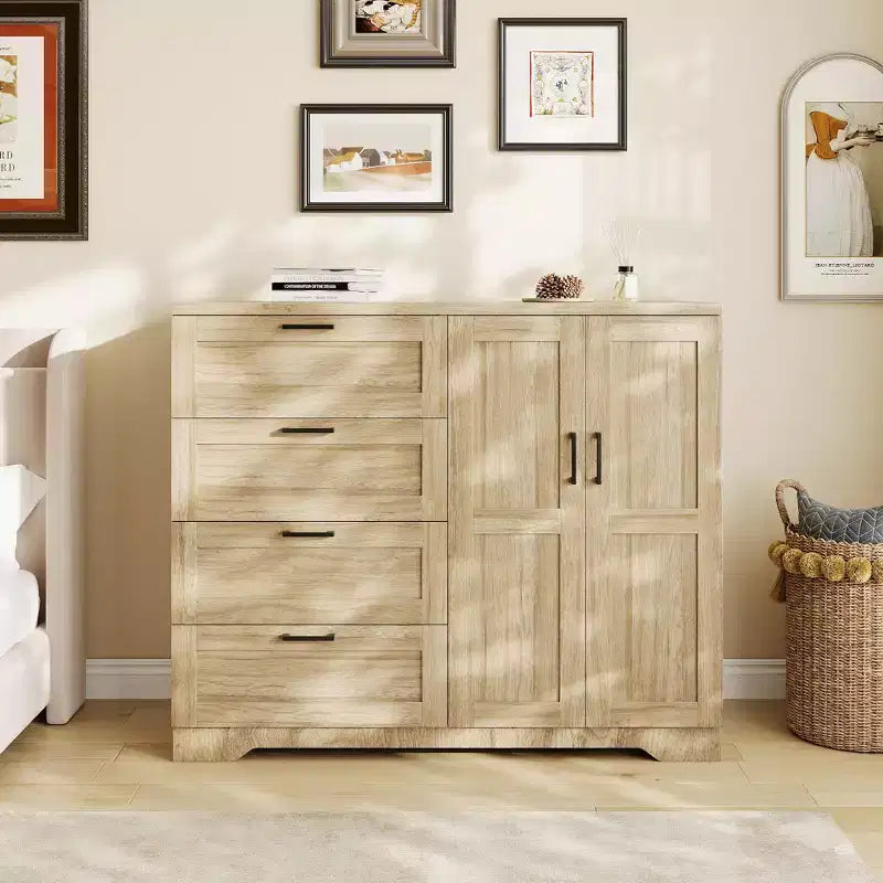 Armoire penderie de 109,9 cm de haut avec 4 tiroirs et 2 portes, tringle à vêtements, commode en bois avec placard de rangement