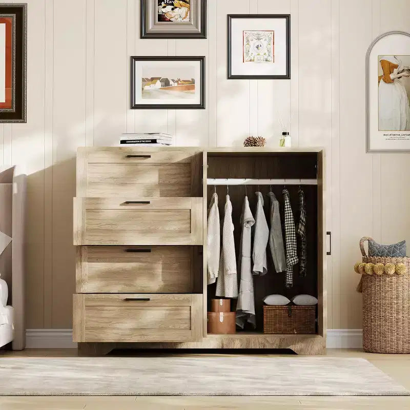 Armoire penderie de 109,9 cm de haut avec 4 tiroirs et 2 portes, tringle à vêtements, commode en bois avec placard de rangement