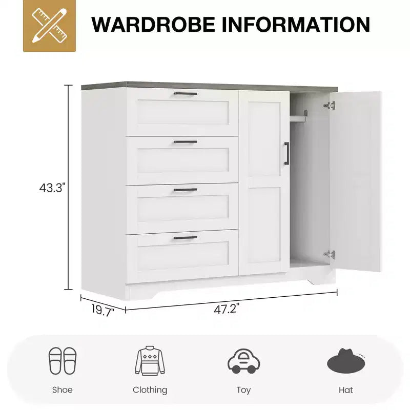 Armoire penderie de 109,9 cm de haut avec 4 tiroirs et 2 portes, tringle à vêtements, commode en bois avec placard de rangement