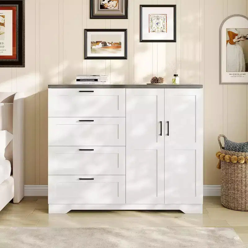 Armoire penderie de 109,9 cm de haut avec 4 tiroirs et 2 portes, tringle à vêtements, commode en bois avec placard de rangement