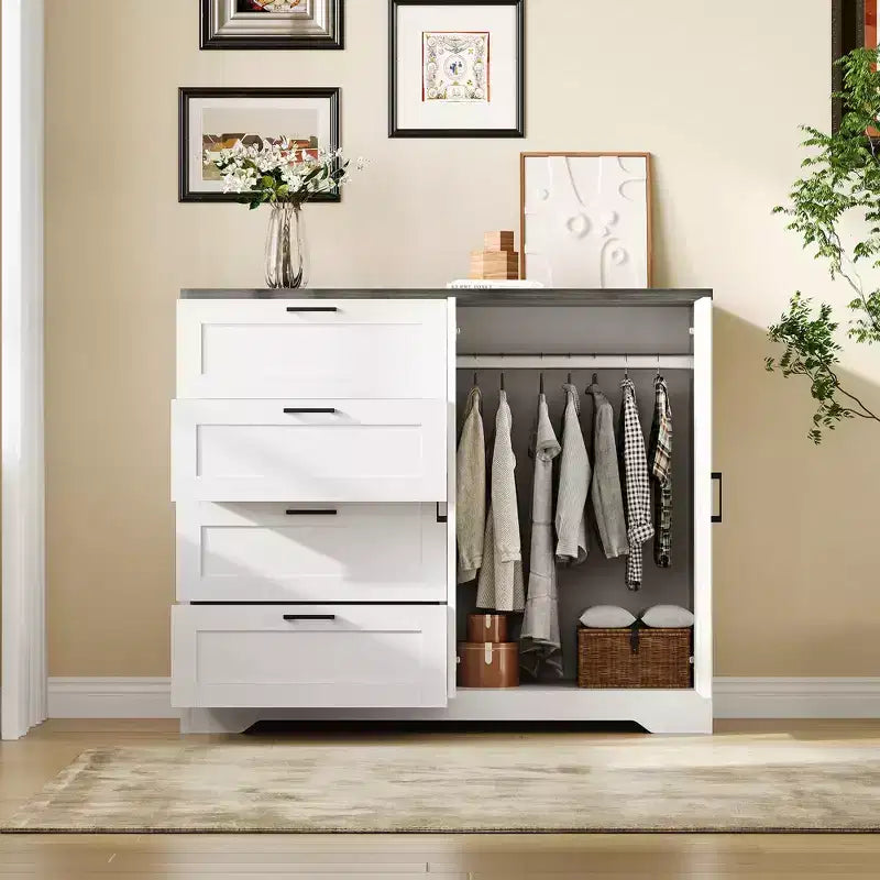 Armoire penderie de 109,9 cm de haut avec 4 tiroirs et 2 portes, tringle à vêtements, commode en bois avec placard de rangement
