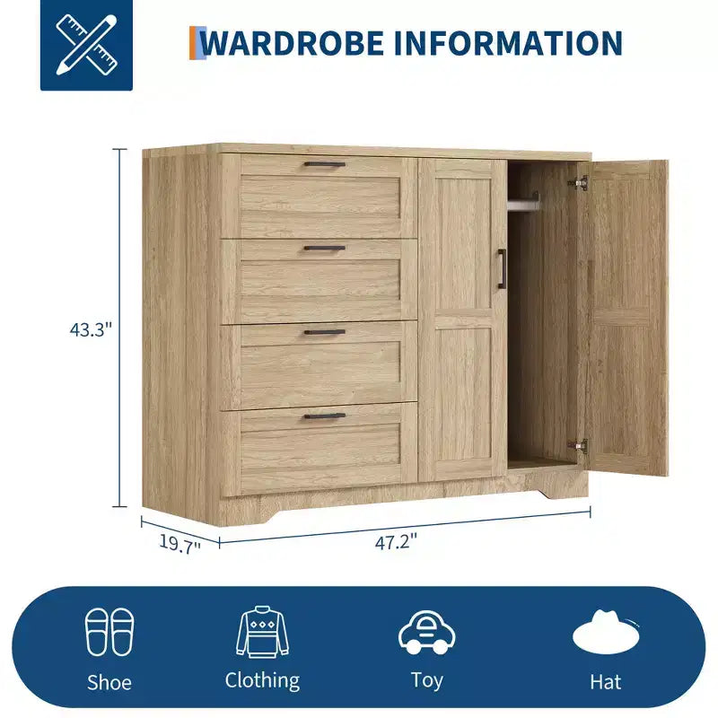 Armoire penderie de 109,9 cm de haut avec 4 tiroirs et 2 portes, tringle à vêtements, commode en bois avec placard de rangement