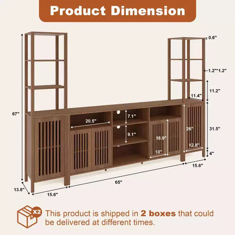 Meuble TV de style ferme pour téléviseurs de 70 pouces, meuble de divertissement rustique marron avec 5 compartiments de rangement ouverts, console média murale avec étagères ouvertes