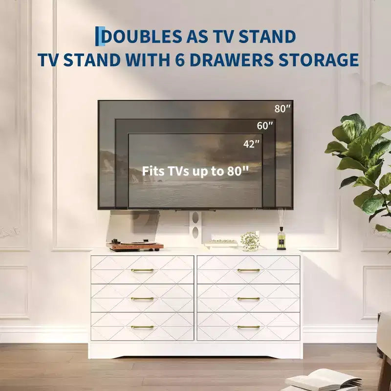 Meuble TV moderne avec support réglable pour téléviseurs de 32 à 80 pouces, commode de rangement à 6 tiroirs, meuble console média, mobilier de chambre et de salon