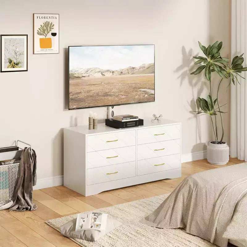 Meuble TV moderne avec support réglable pour téléviseurs de 32 à 80 pouces, commode de rangement à 6 tiroirs, meuble console média, mobilier de chambre et de salon