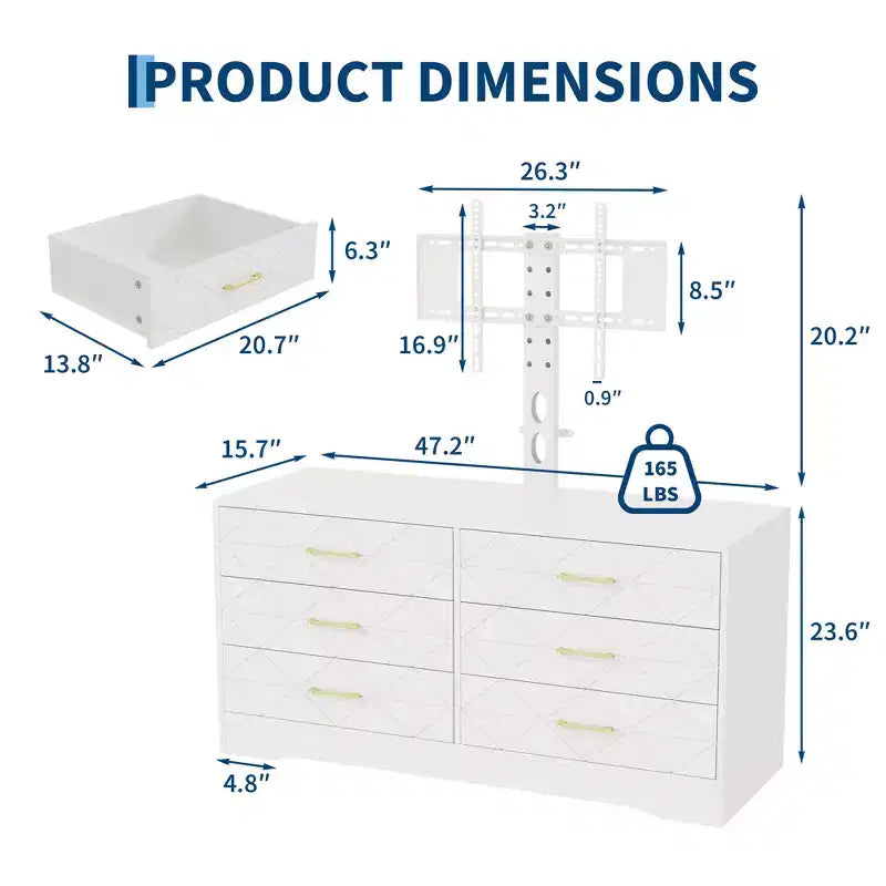 Meuble TV moderne avec support réglable pour téléviseurs de 32 à 80 pouces, commode de rangement à 6 tiroirs, meuble console média, mobilier de chambre et de salon