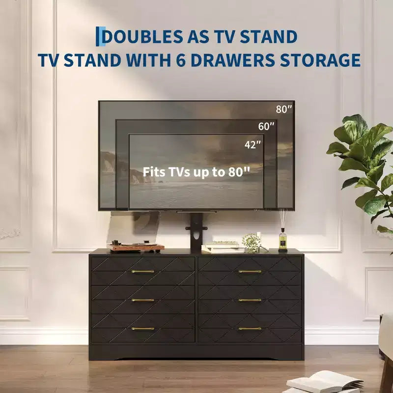 Meuble TV moderne avec support réglable pour téléviseurs de 32 à 80 pouces, commode de rangement à 6 tiroirs, meuble console média, mobilier de chambre et de salon