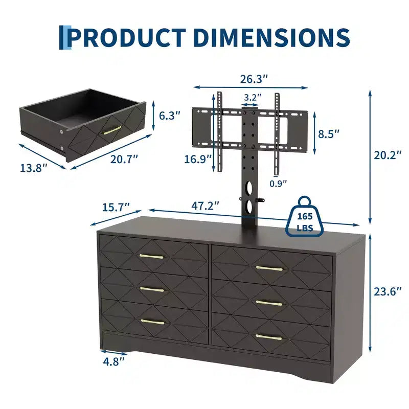 Meuble TV moderne avec support réglable pour téléviseurs de 32 à 80 pouces, commode de rangement à 6 tiroirs, meuble console média, mobilier de chambre et de salon