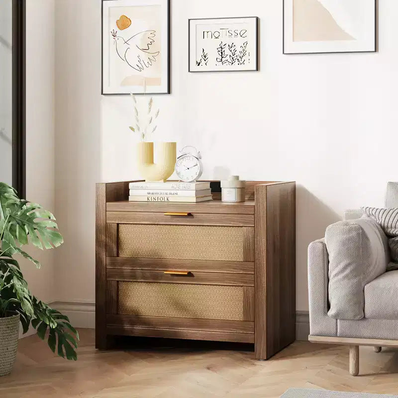 Lot de 2 tables de chevet en rotin avec station de recharge, tables de chevet modernes bohèmes avec 2 tiroirs, pour chambre, bureau et salon