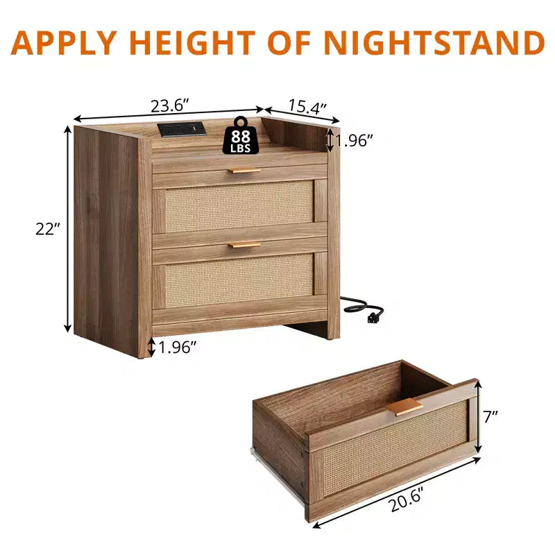 Lot de 2 tables de chevet en rotin avec station de recharge, tables de chevet modernes bohèmes avec 2 tiroirs, pour chambre, bureau et salon