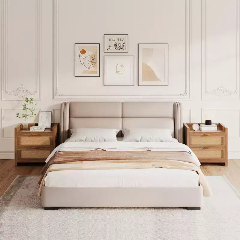 Lot de 2 tables de chevet en rotin avec station de recharge, tables de chevet modernes bohèmes avec 2 tiroirs, pour chambre, bureau et salon