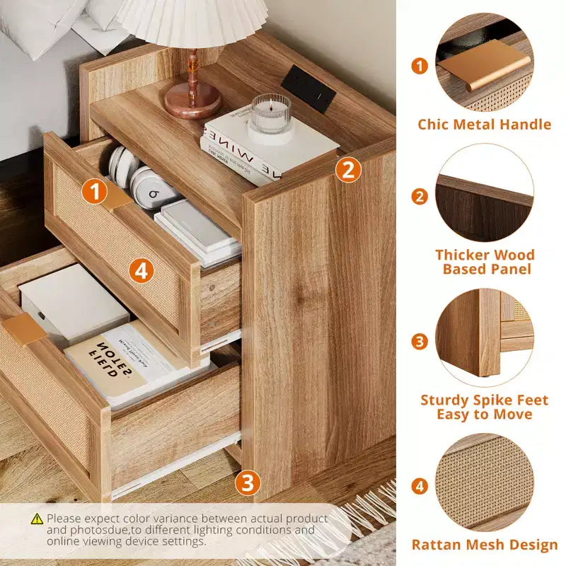 Lot de 2 tables de chevet en rotin avec station de recharge, tables de chevet modernes bohèmes avec 2 tiroirs, pour chambre, bureau et salon