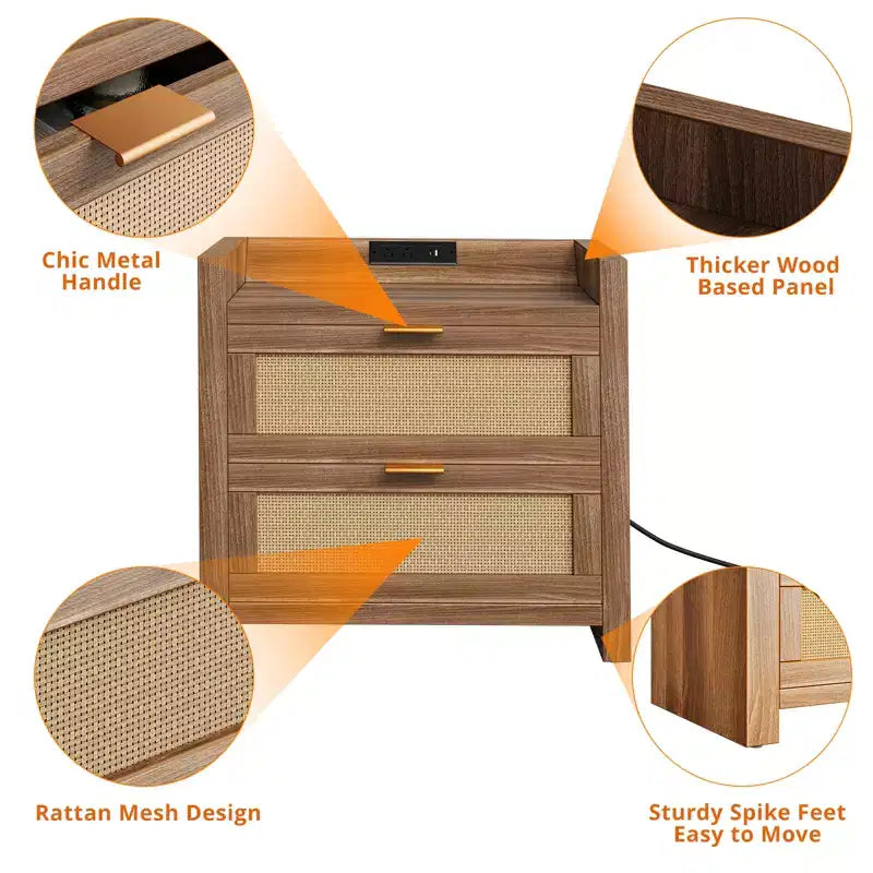 Lot de 2 tables de chevet en rotin avec station de recharge, tables de chevet modernes bohèmes avec 2 tiroirs, pour chambre, bureau et salon