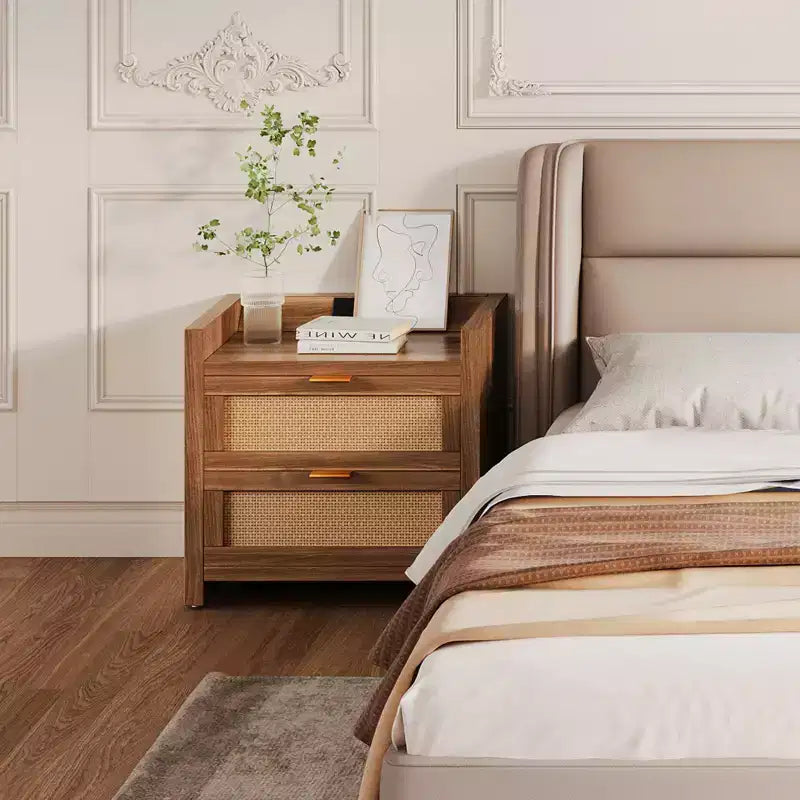 Lot de 2 tables de chevet en rotin avec station de recharge, tables de chevet modernes bohèmes avec 2 tiroirs, pour chambre, bureau et salon