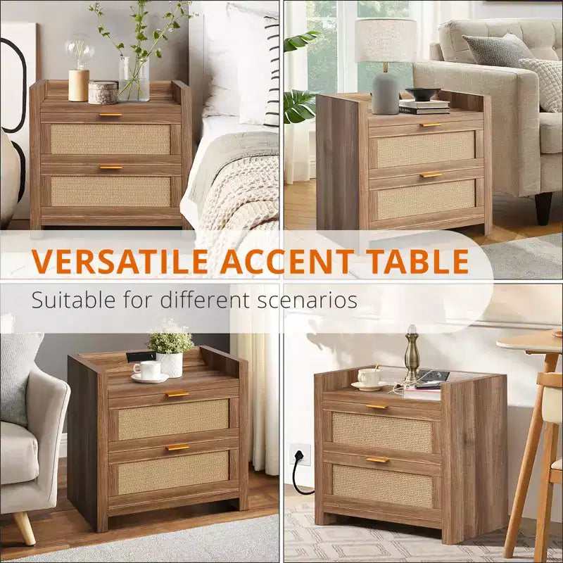 Lot de 2 tables de chevet en rotin avec station de recharge, tables de chevet modernes bohèmes avec 2 tiroirs, pour chambre, bureau et salon