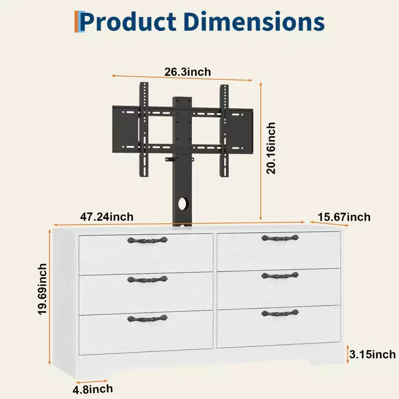 Meuble TV en bois à 6 tiroirs avec support réglable pour TV 75 pouces, commode de rangement multimédia spacieuse, commode de chambre pour salon et bureau