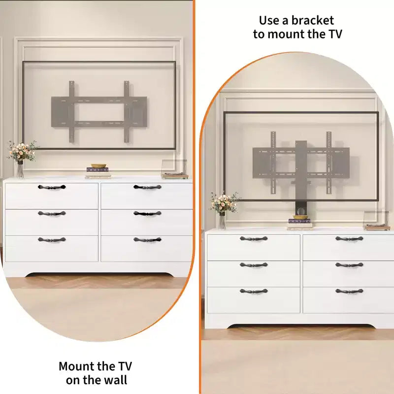 Meuble TV en bois à 6 tiroirs avec support réglable pour TV 75 pouces, commode de rangement multimédia spacieuse, commode de chambre pour salon et bureau