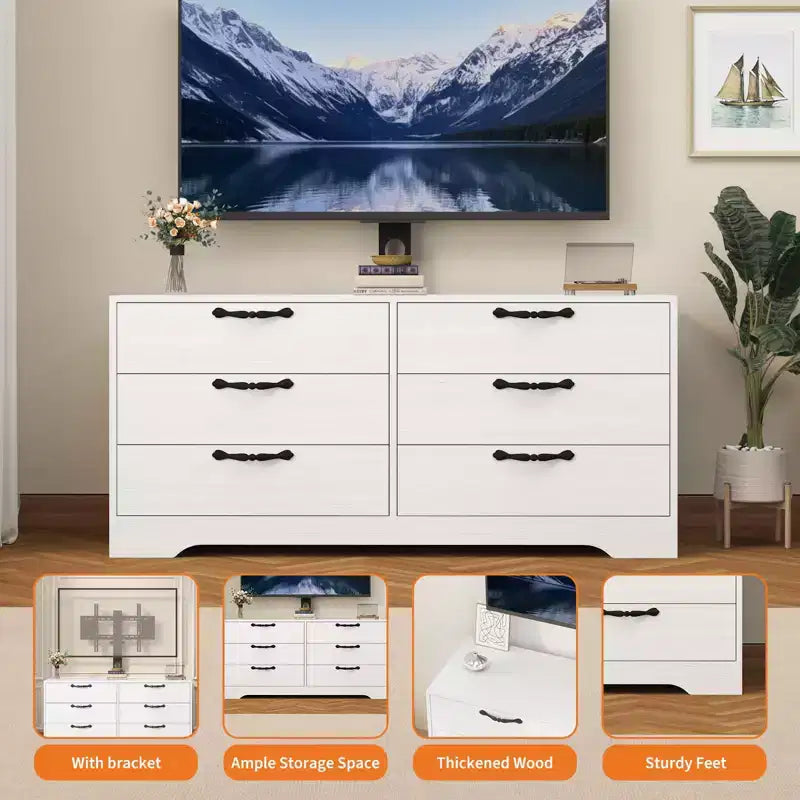 Meuble TV en bois à 6 tiroirs avec support réglable pour TV 75 pouces, commode de rangement multimédia spacieuse, commode de chambre pour salon et bureau