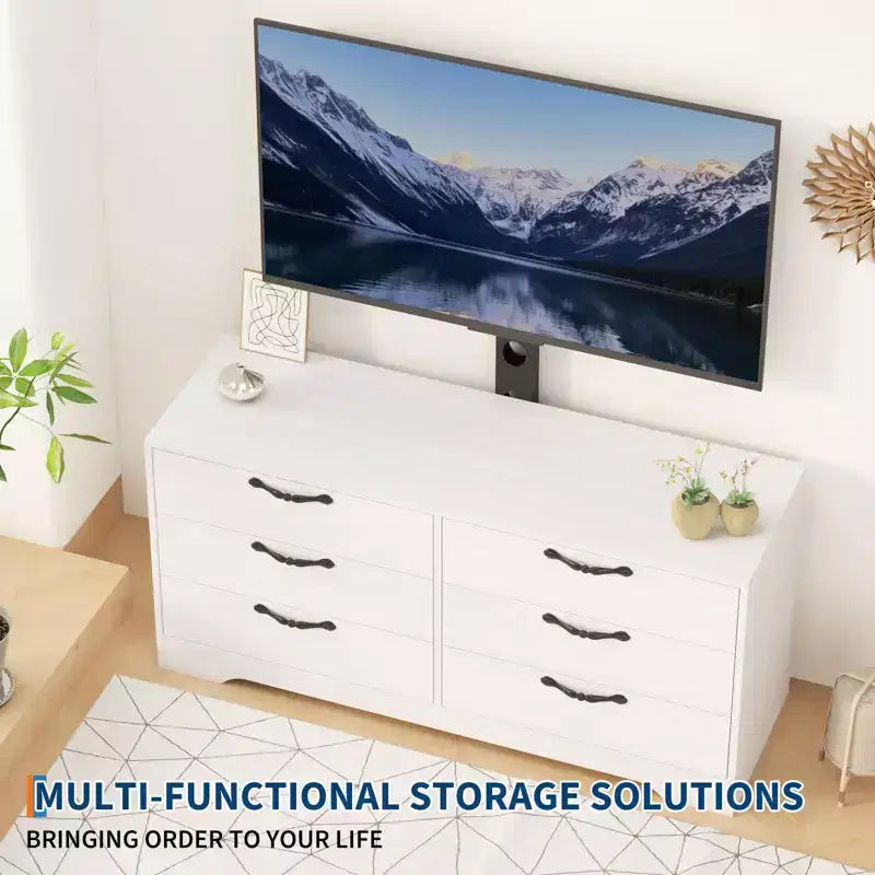 Meuble TV en bois à 6 tiroirs avec support réglable pour TV 75 pouces, commode de rangement multimédia spacieuse, commode de chambre pour salon et bureau