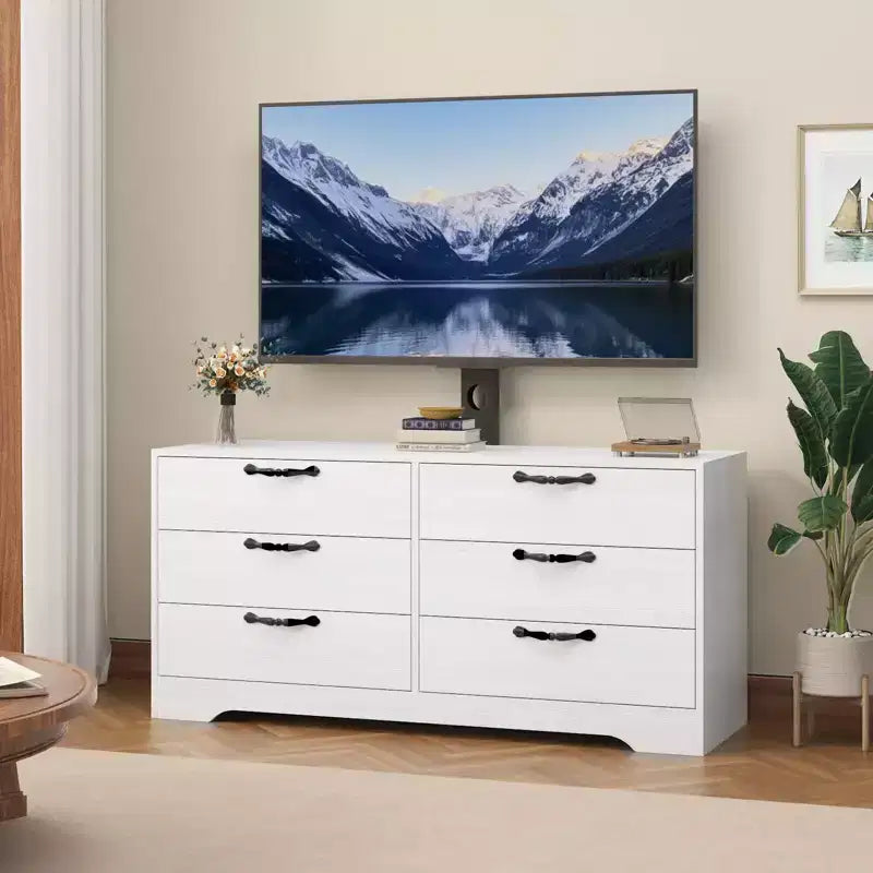 Meuble TV en bois à 6 tiroirs avec support réglable pour TV 75 pouces, commode de rangement multimédia spacieuse, commode de chambre pour salon et bureau