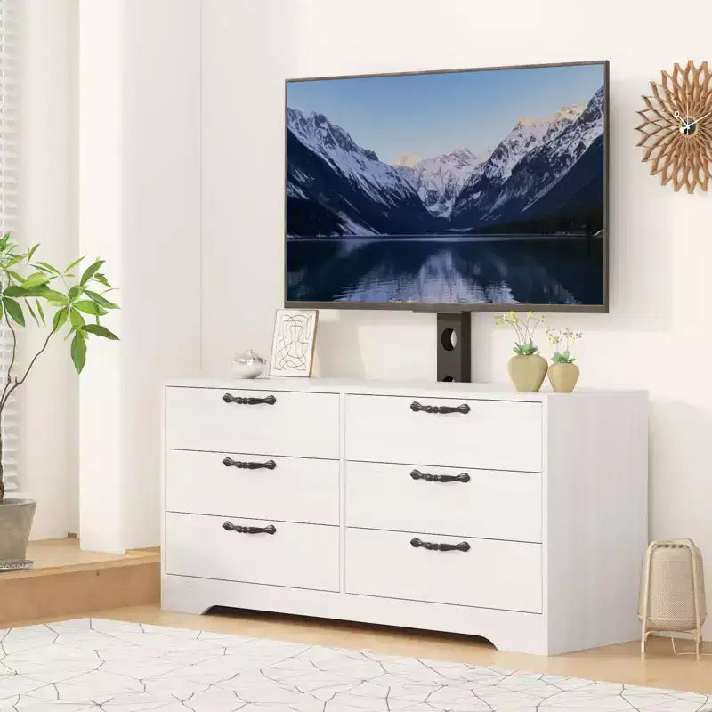Meuble TV en bois à 6 tiroirs avec support réglable pour TV 75 pouces, commode de rangement multimédia spacieuse, commode de chambre pour salon et bureau