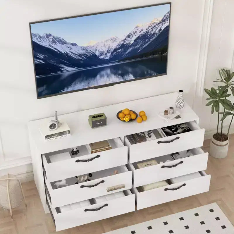 Meuble TV en bois à 6 tiroirs avec support réglable pour TV 75 pouces, commode de rangement multimédia spacieuse, commode de chambre pour salon et bureau