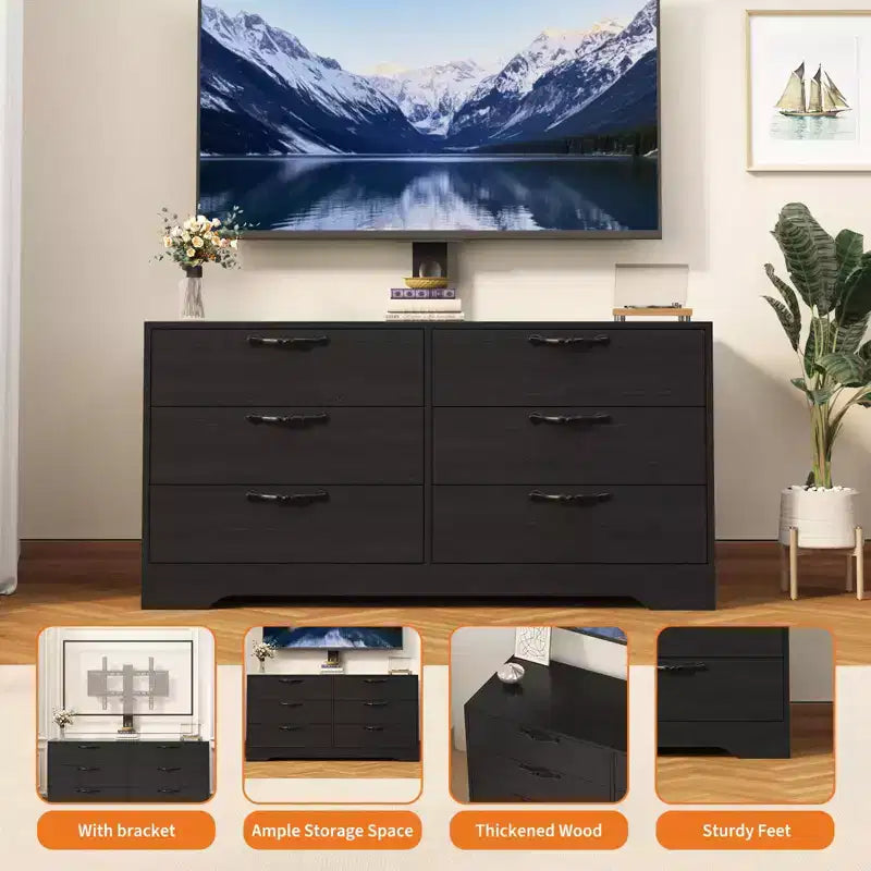 Meuble TV en bois à 6 tiroirs avec support réglable pour TV 75 pouces, commode de rangement multimédia spacieuse, commode de chambre pour salon et bureau