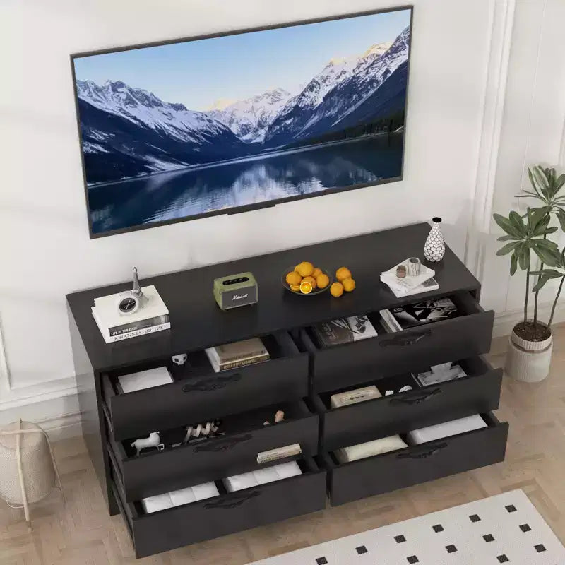 Meuble TV en bois à 6 tiroirs avec support réglable pour TV 75 pouces, commode de rangement multimédia spacieuse, commode de chambre pour salon et bureau