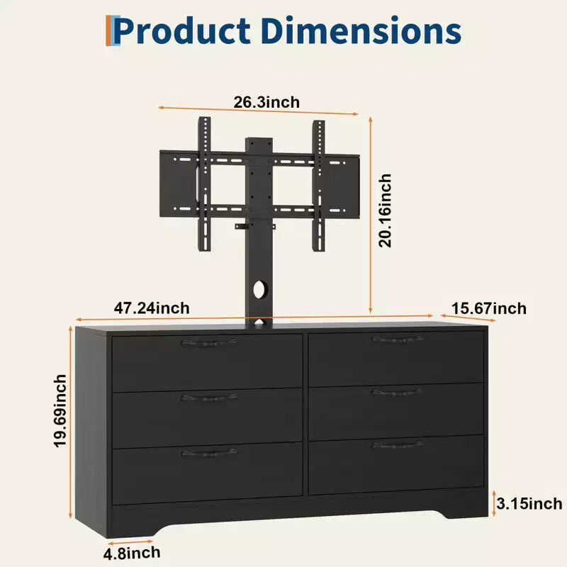 Meuble TV en bois à 6 tiroirs avec support réglable pour TV 75 pouces, commode de rangement multimédia spacieuse, commode de chambre pour salon et bureau