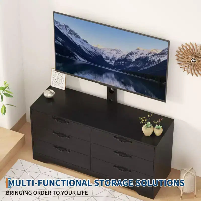 Meuble TV en bois à 6 tiroirs avec support réglable pour TV 75 pouces, commode de rangement multimédia spacieuse, commode de chambre pour salon et bureau