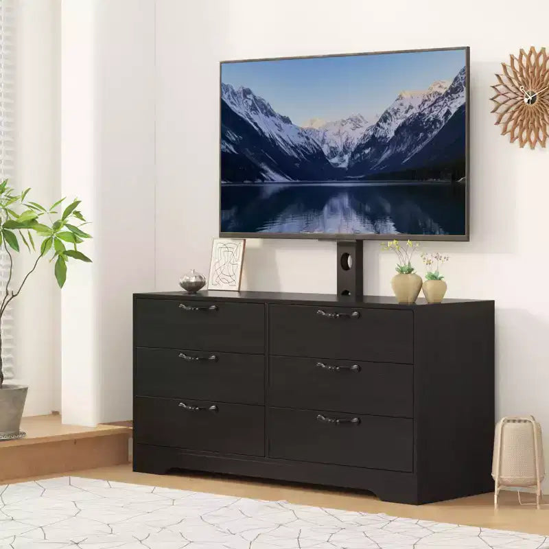 Meuble TV en bois à 6 tiroirs avec support réglable pour TV 75 pouces, commode de rangement multimédia spacieuse, commode de chambre pour salon et bureau