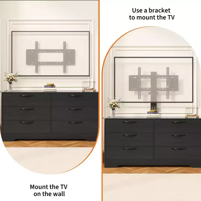 Meuble TV en bois à 6 tiroirs avec support réglable pour TV 75 pouces, commode de rangement multimédia spacieuse, commode de chambre pour salon et bureau