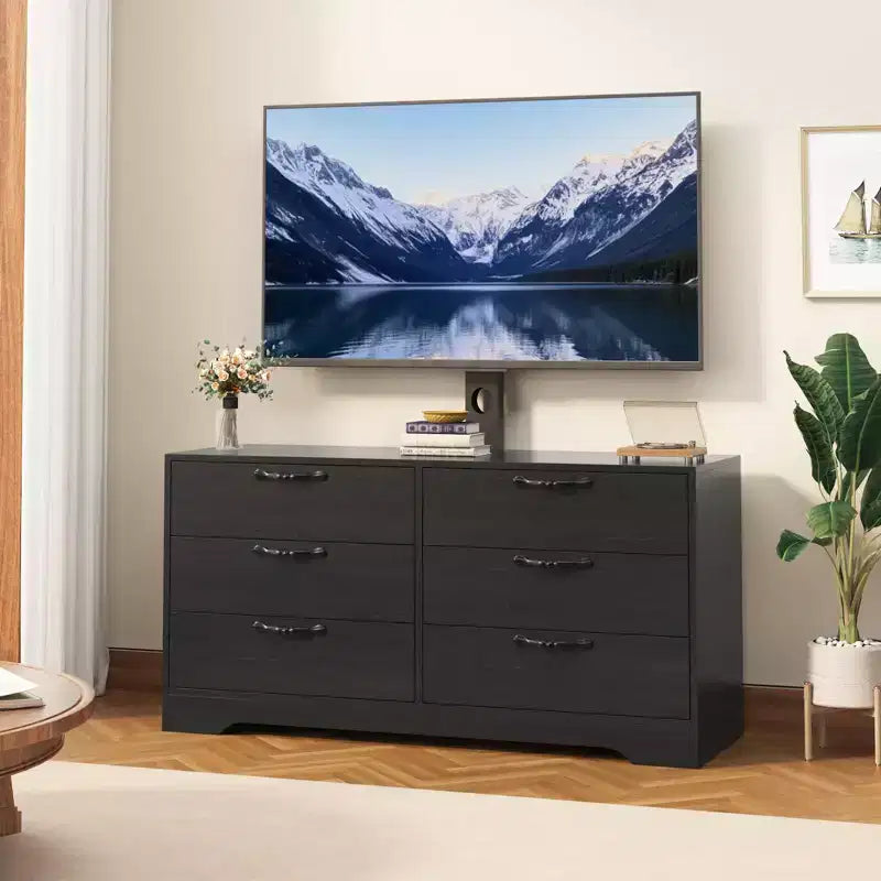 Meuble TV en bois à 6 tiroirs avec support réglable pour TV 75 pouces, commode de rangement multimédia spacieuse, commode de chambre pour salon et bureau