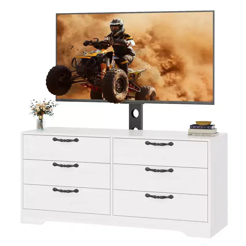 Meuble TV en bois à 6 tiroirs avec support réglable pour TV 75 pouces, commode de rangement multimédia spacieuse, commode de chambre pour salon et bureau