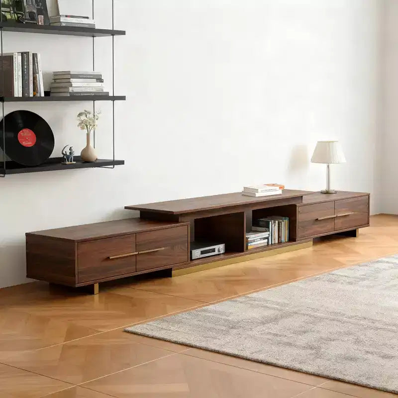 JVNOXK63.4 to 94.5-inch Expandable TV Stand,Walnut TV Console with 4 Drawers & 2 Open Shelves,Entertainment Center,Media Console for Living Room
