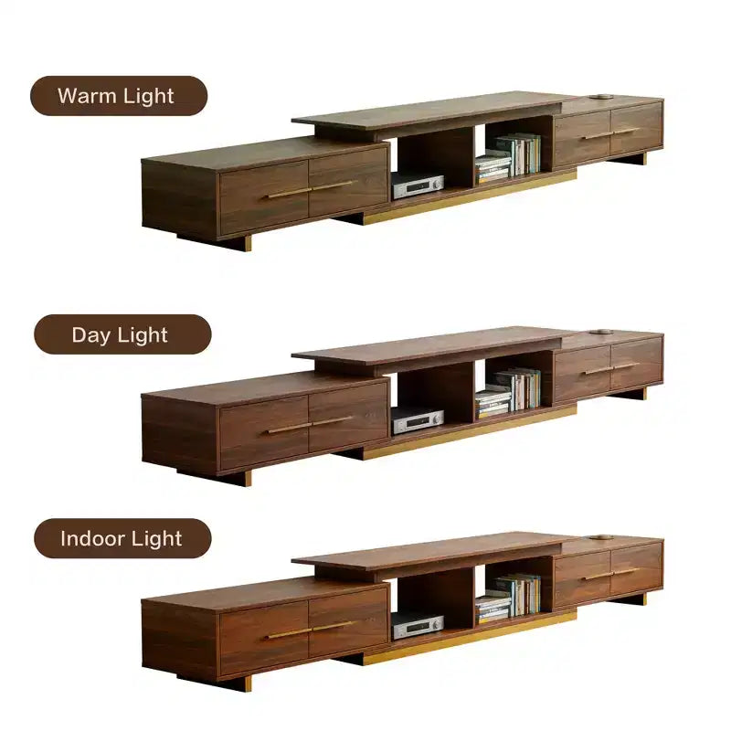 Meuble TV extensible JVNOXK63.4 de 94.5 pouces, console TV en noyer avec 4 tiroirs et 2 étagères ouvertes, meuble de divertissement, console multimédia pour salon
