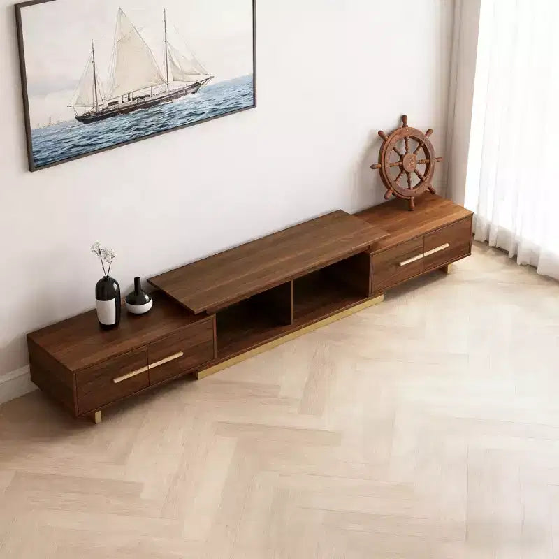 Meuble TV extensible JVNOXK63.4 de 94.5 pouces, console TV en noyer avec 4 tiroirs et 2 étagères ouvertes, meuble de divertissement, console multimédia pour salon