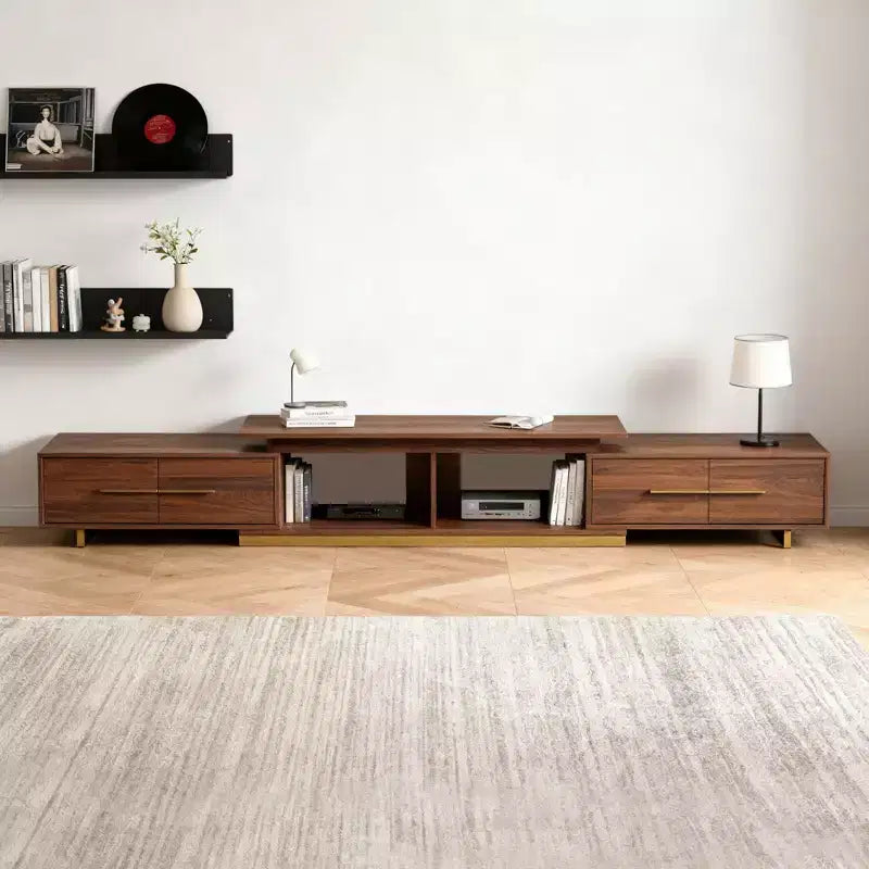 Meuble TV extensible JVNOXK63.4 de 94.5 pouces, console TV en noyer avec 4 tiroirs et 2 étagères ouvertes, meuble de divertissement, console multimédia pour salon
