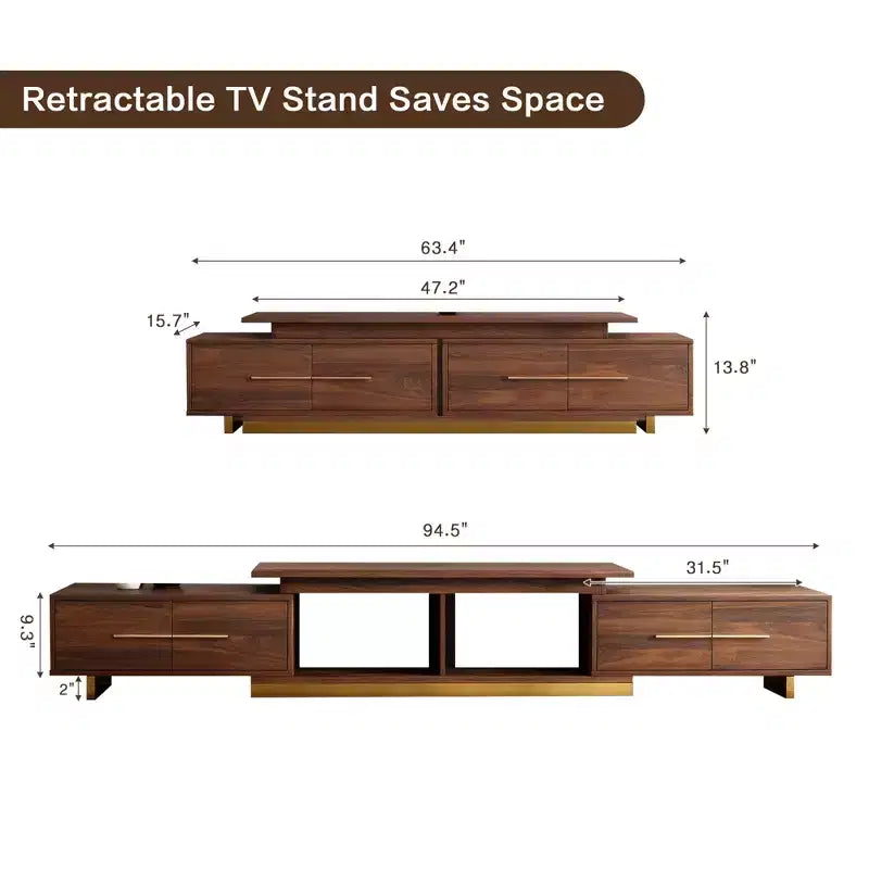Meuble TV extensible JVNOXK63.4 de 94.5 pouces, console TV en noyer avec 4 tiroirs et 2 étagères ouvertes, meuble de divertissement, console multimédia pour salon